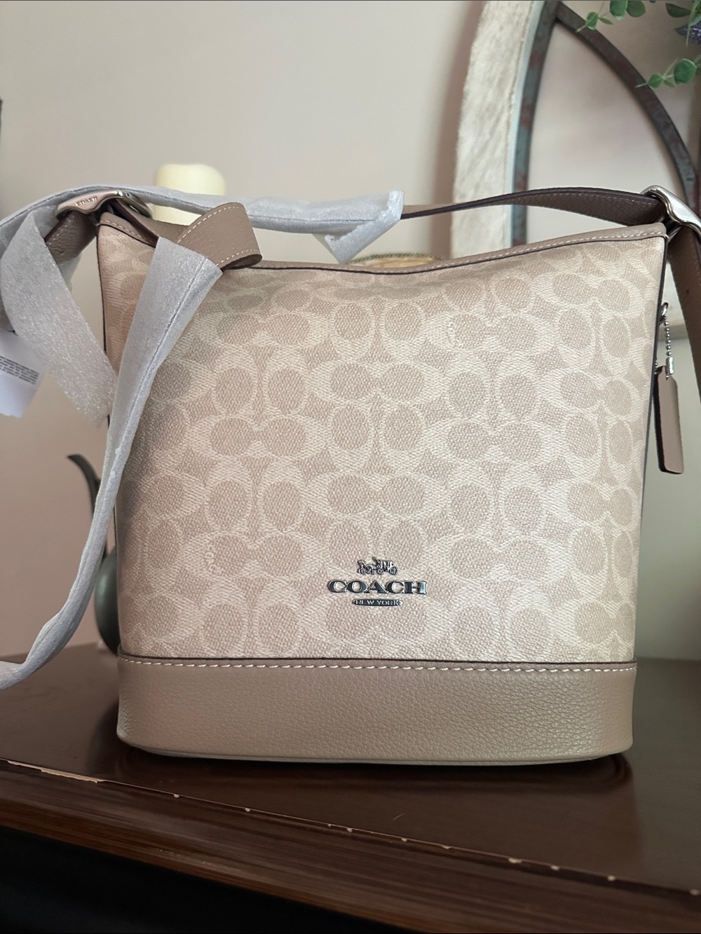 Coach Beige Signature Canvas Shoulder Bag with Leather Trim